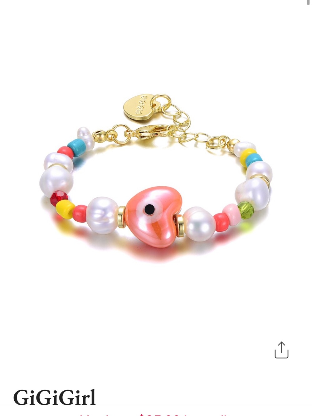 GiGi New York Coral Heart & Pearl Beaded Kids Bracelet NWT Gild Plated